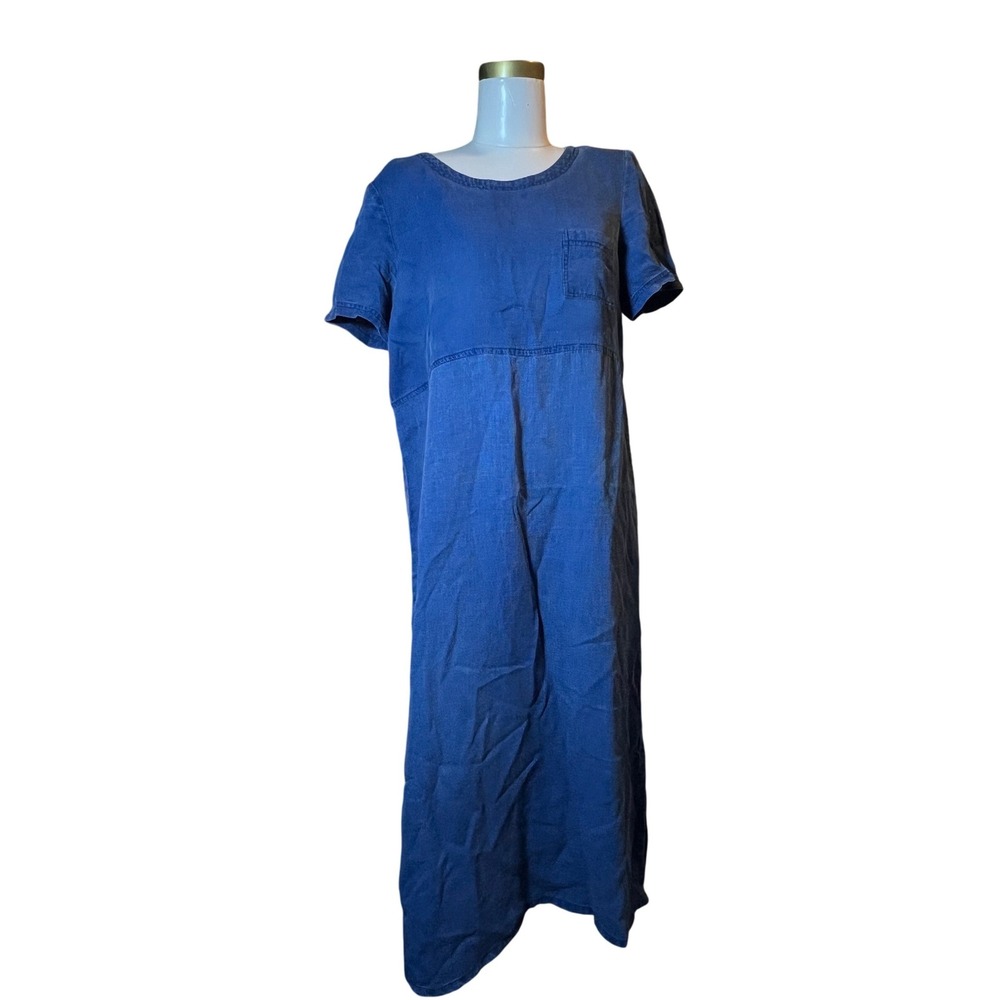 Positive Attitude Petite Denim Midi Dress Short Sleeve Crew Neck Pocket‎